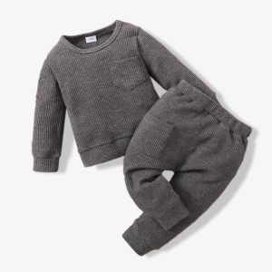 Baby 2pcs Cotton Waffle Solid Long-sleeve Pullover Set - Dark Grey, 3-6 Months