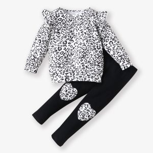 2-piece Toddler Girl Floral Print Ruffled Long-sleeve Peplum Top and Heart Pattern Pants Set - 18-24 Months / Burgundy