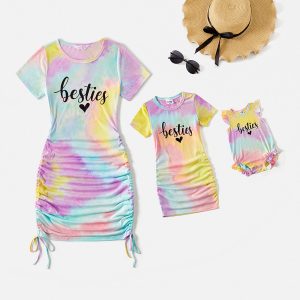Letter Print Tie Dye Short-sleeve Drawstring Ruched Bodycon Dress for Mom and Me - Multi, 8-9 Years