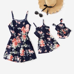 All Over Floral Print Blue Spaghetti Strap Romper Shorts for Mom and Me - Royal Blue, 3-4 Years