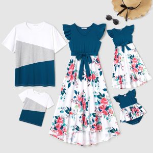 Family Matching Solid V Neck Flutter-sleeve Splicing Floral Print Dresses and Short-sleeve Colorblock T-shirts Sets - Azure, 4-5 Years