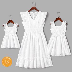 100% Cotton White Hollow-Out Floral Embroidered Ruffle Sleeveless Dress for Mom and Me - White, S
