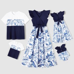 Family Matching Allover Palm Leaf Print & Solid Spliced Surplice Neck Flutter-sleeve Dresses and Colorblock Short-sleeve T-shirts Sets - Azure, 3-6 Months