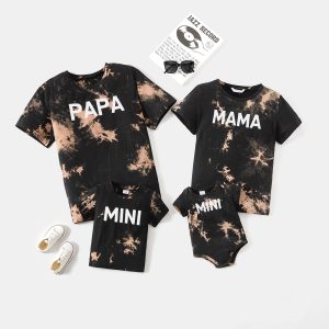 100% Cotton Short-sleeve Tie Dye Letter Print T-shirts for Mom and Me - Black, 3-6 Months