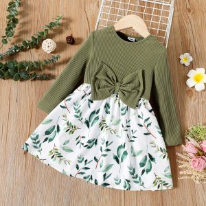 Toddler Girl Floral Leaf/Butterfly Print Splice Bowknot Design Long-sleeve Dress