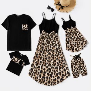 Family Matching 95% Cotton Short-sleeve T-shirts and Rib Knit Spliced Leopard Belted Cami Dresses Sets - Black, 1-2 Years