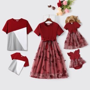 Family Matching 95% Cotton Short-sleeve Colorblock T-shirts and Rib Knit Spliced Butterfly Embroidered Mesh Dresses Sets - Orange Red / Men: XL