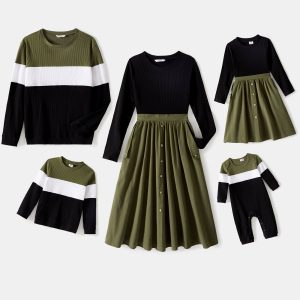 Family Matching Long-sleeve Button Front Solid Spliced Dresses and Colorblock Rib Knit Tops Sets - Multi / Men: XL
