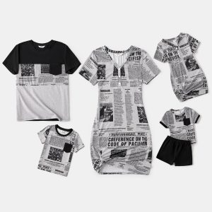 Family Matching Newspaper Print V Neck Short-sleeve Twist Knot Bodycon Dresses and T-shirts Sets - Light Grey, S