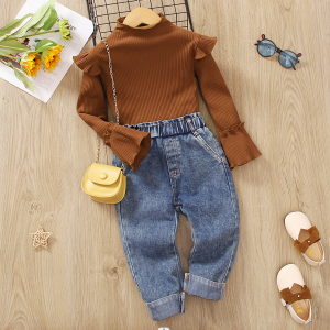 2pcs Toddler Girl Sweet Denim Jeans and Turtleneck Ruffled Bell sleeves Tee set - Green, 3-4 Years
