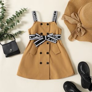 Toddler Girl Double Breasted Belted Letter Design Strap Dress - Peach Puff, 4-5 Years