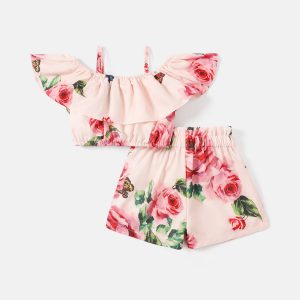 2pcs Baby Girl Allover Floral Print Pink Ruffle Trim Cami Crop Top & Shorts Set - 12-18 Months, Pink