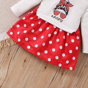 2pcs Baby Girl Polka Dot Print Figure Graphic Long-sleeve Faux-two Dress & Headband Set - 3-6 Months, White