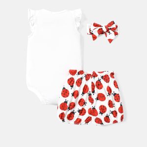 3pcs Baby Girl Cotton Ruffle Short-sleeve Letter Graphic Romper and Ladybird Print Naia™ Belted Shorts & Headband Set - 0-3 Months, White