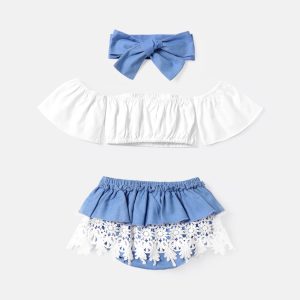 3pcs Baby Girl 100% Cotton Bow Front Off Shoulder Short-sleeve Crop Top and Lace Ruffle Trim Shorts & Headband Set - 0-3 Months, ColorBlock