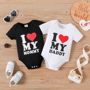 Baby Boy/Girl Heart & Letter Print Short-sleeve Romper - Black, 12-18 Months