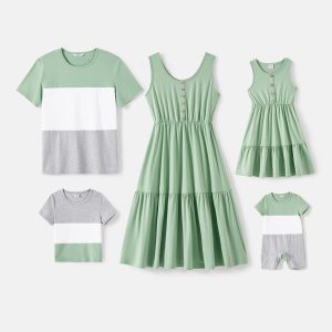 Family Matching Solid Tiered Tank Dresses and Short-sleeve Colorblock T-shirts Sets - Green / Toddler Boy: 3-4 Years