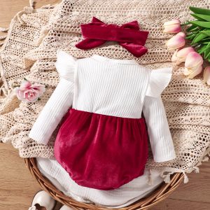 2pcs Baby Girl Cotton Ribbed Solid Spliced Long-sleeve Bow Front Romper & Headband Set - 6-9 Months, Red