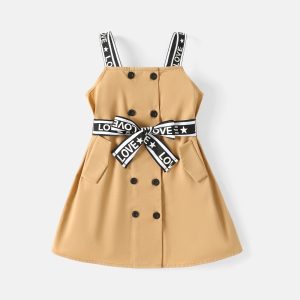 2pcs Toddler Girl 100% Cotton Double Breasted Letter Print Strap Dress and Belt - Beige, 2 Years