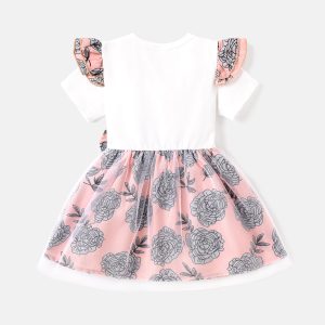 Baby Girl Letter Graphic Cotton Ruffle Short-sleeve Spliced Floral Print Bow Front Mesh Dress - 3-6 Months, PinkyWhite