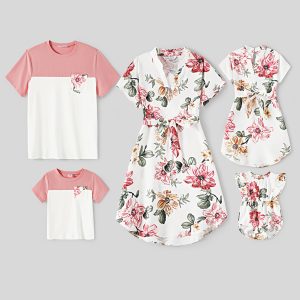 Family Matching Allover Floral Print Notched Neck Belted Dresses and Short-sleeve Colorblock T-shirts Sets - Multi, 4-5 Years