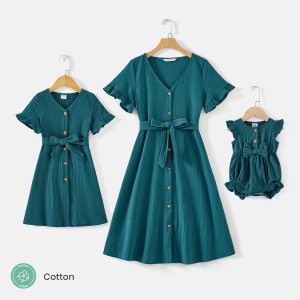 Mommy and Me 100% Cotton Button Front Solid V Neck Ruffle-sleeve Belted Dresses - Steel Blue, 1-2 Years