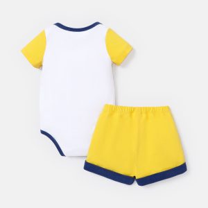 2pcs Baby Boy 100% Cotton Animal Floral Print Colorblock Short-sleeve Bodysuit and Shorts Set - 0-3 Months, Yellow