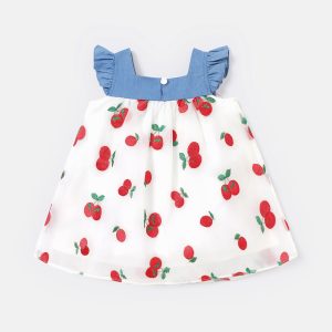 Baby Girl Cherry Print Bow Front Flutter-sleeve Dress - 3-6 Months, White