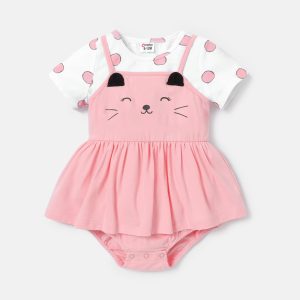 2pcs Baby Girl Cotton Cat Pattern Slip Romper and Cotton Polka Dot Short-sleeve Tee Set - 9-12 Months, PinkyWhite