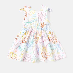 Baby Girl 100% Cotton Plant Floral Print Knot Shoulder Tank Dress - 3-6 Months, White