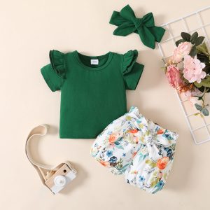 3pcs Baby Girl Solid Cotton Ruffle Short-sleeve Tee and Floral Print Belted Shorts & Headband Set - WineRed, 12-18 Months