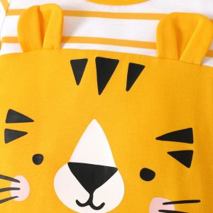Baby Boy/Girl 95% Cotton Striped Short-sleeve 3D Ears Detail Animal Print Romper - Yellow+White, 0-3 Months