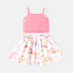2pcs Baby Girl 100% Cotton Ruffle Trim Cami Top and Allover Print Bow Front Skirt Set