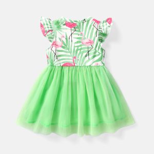 Baby Girl Naia™ Flamingo Print Bow Front Flutter-sleeve Mesh Panel Fairy Dress - 3-6 Months, Light Green