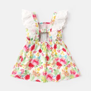 Baby Girl Floral Print Ruffled Bowknot Design Flutter-sleeve Dress - 3-6 Months, ColorBlock