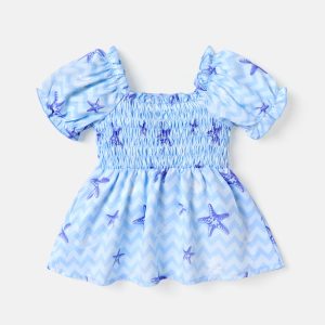 Baby Girl Allover Starfish Print Blue Puff-sleeve Shirred Dress - 3-6 Months, Blue