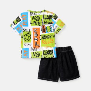 2pcs Toddler Boy Graffiti Print Short-sleeve Tee and Ripped Denim Shorts Set - 2 Years, Colorful