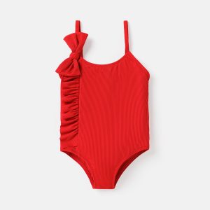 Baby Girl Solid Ruffle Trim Bow Decor One Piece Cami Swimsuit - Blue, 0-3 Months