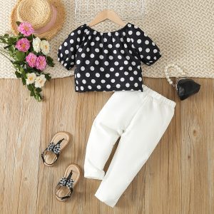 2pcs Toddler Girl Trendy Polka Dots Short-sleeve Top and White Pants Set - 3 Years, Black