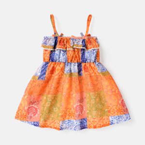 Baby Girl Patchwork Print Ruffle Trim Cami Dress - 0-3 Months, Multicolor