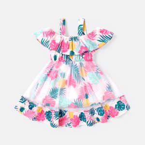 Baby Girl Allover Plant Print Cold Shoulder Sleeveless Ruffled Mesh Dress - 3-6 Months, Pink