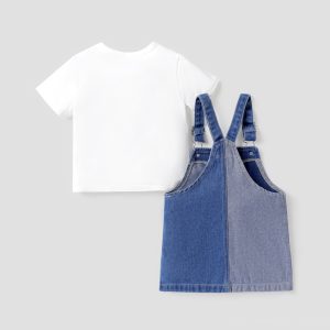 2pcs Baby Girl Cotton Letter Print Short-sleeve Tee and Colorblock Denim Overall Dress Set - 0-3 Months, DENIMBLUE