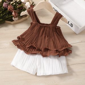 2pcs Toddler Girl Elegant Pleated Camisole and Shorts Set - Brown, 5-6 Years