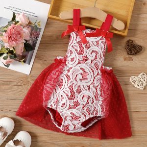 Baby Girl 95% Cotton Lace Textured Sleeveless Mesh Party Dress Romper - Pink, 12-18 Months