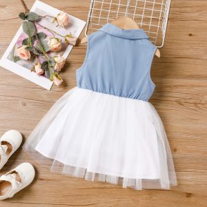 Toddler Girl Denim Mesh Splice Lapel Collar Sleeveless Dress - 2 Years, BLUEWHITE