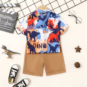 2Pcs Toddler Boy Dinosaur Print Short-sleeve Shirt and Shorts Set
