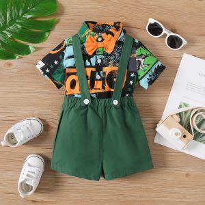 2pcs Baby Boy 100% Cotton Suspender Shorts and Allover Print Bow Tie Decor Short-sleeve Romper Set - 3-6 Months, Green