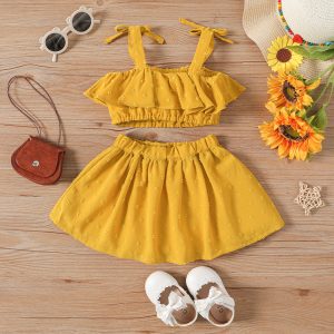 2pcs Baby Girl Solid Swiss Dot Ruffled Sleeveless Top & Skirt Set - 12-18 Months, Yellow