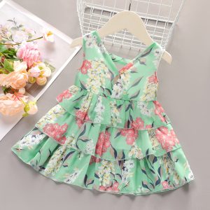 Dots or Floral Print Flounce Layered Sleeveless Baby Dress - Green, 2-3 Years