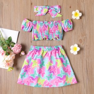 3Pcs Toddler Girl Headband & Colorful Butterfly Print Off-Shoulder Top and Skirt Set - 2 Years, Colorful